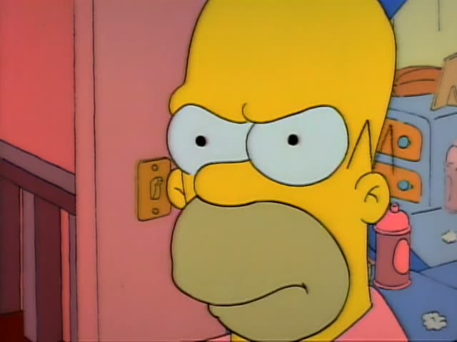 Homer Simpson starts out scowling at a pink wall beside a light switch, then steps into a bedroom and peeks around a doorway…