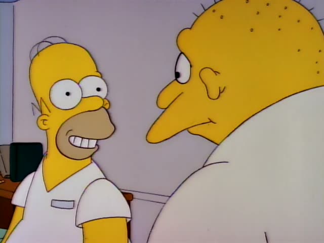 Homer Simpson stands at left facing a heavy, bald unnamed man with a long hooked nose and a white shirt…