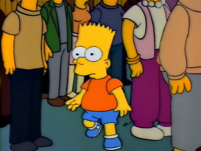 Bart walks through a crowd of townspeople and then stops with his mouth open, staring ahead