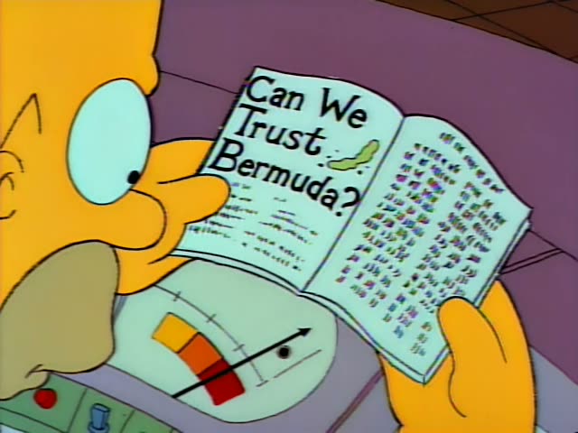 Homer sits at a purple control console in a blue industrial room, reading a booklet titled "Can We Trust Bermuda?"…