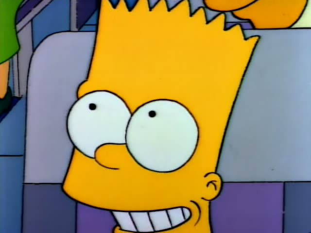 Bart first appears in a close-up with wide eyes and a toothy grin, then is seen in a cramped cockpit-like booth…