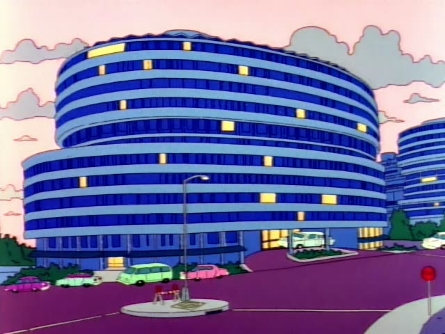 Bart Simpson lies on a pink hotel bed while a heavyset man with black hair and a light green shirt, a towel…