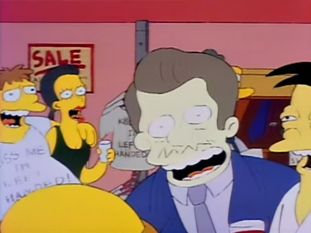 Homer sings in a crowded bar alongside Marge with her tall blue beehive, Bart, Lisa, Maggie and Ned Flanders…
