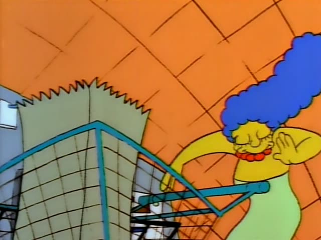 Marge covers her face with her hands beside a teal railing, then peeks over it smiling with Maggie, who has a pacifier…