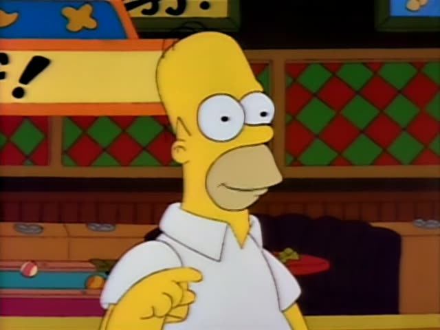 Homer stands with his eyes closed and points while a thought-bubble shows The Leftorium storefront, its OUT OF BUSINESS sign…