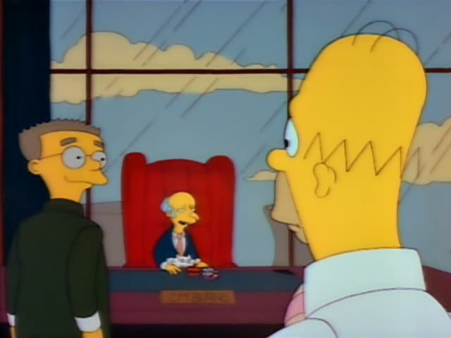 Mr. Burns sits in a tall red chair in his office, struggling with a hand-held can opener on a tin of cat food while Snowball…