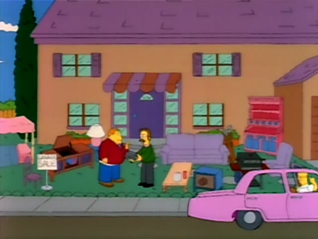 Ned Flanders holds out a black handheld recorder to a heavy, orange-haired man in a red sweater and blue trousers…