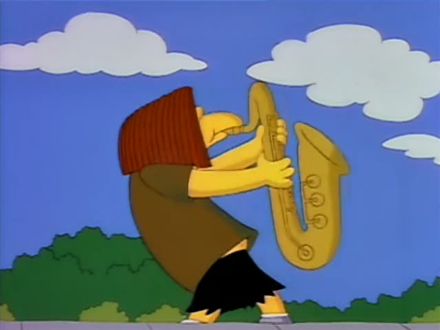 A saxophone player in a brown coat and black pants, with reddish-brown hair, plays on a sunny outdoor court…