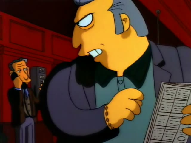 Moe stands in the red-walled bar holding a folded newspaper and talks to Bart, the spiky-haired boy in an orange shirt