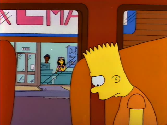 Bart stands in the foreground looking downward outside the Kwik-E-Mart, where Apu and Otto are visible through the window…