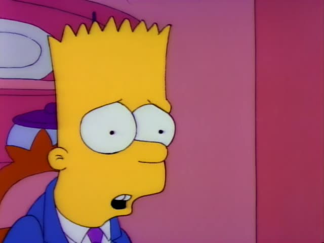 Krusty the Clown sits at the dinner table in his purple shirt and bow tie, weeping and dabbing his eyes with a white glove…