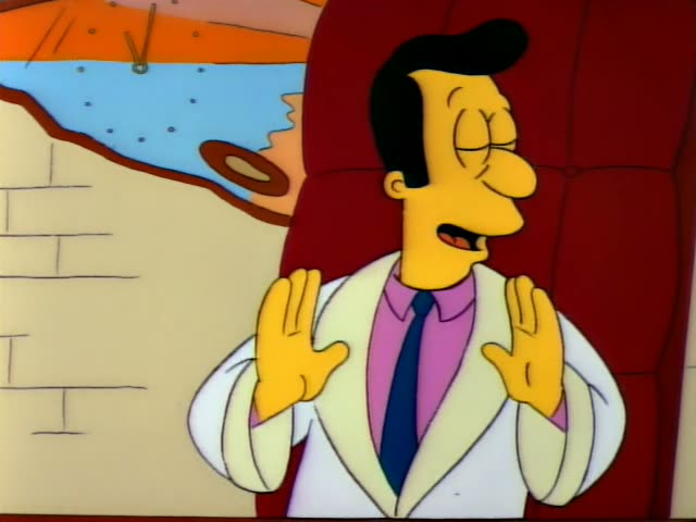 Bart and Lisa sit at a desk across from a grinning slick man in a white suit, pink shirt and blue tie with swept-back black…