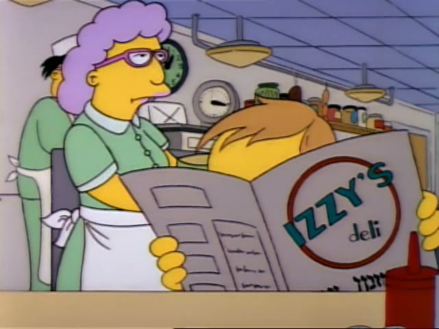 Bart hides behind a large Izzy's Deli menu held up at the counter while a deli worker in a white hat, green shirt…