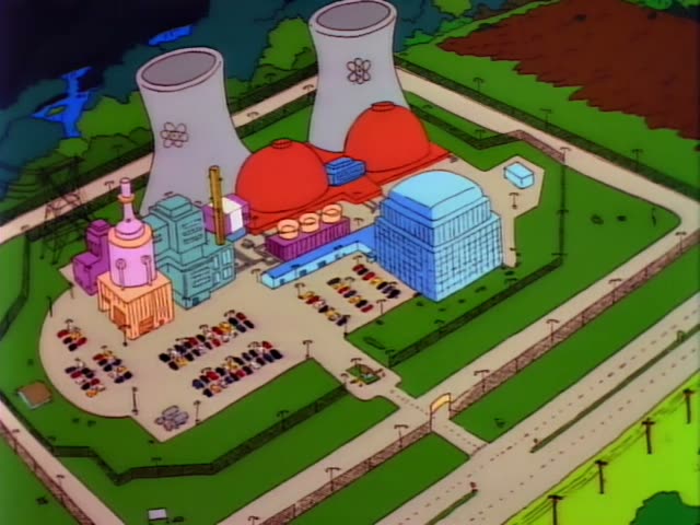 Homer Simpson first appears in a wide aerial view of the Springfield nuclear plant with its cooling towers and parking lots