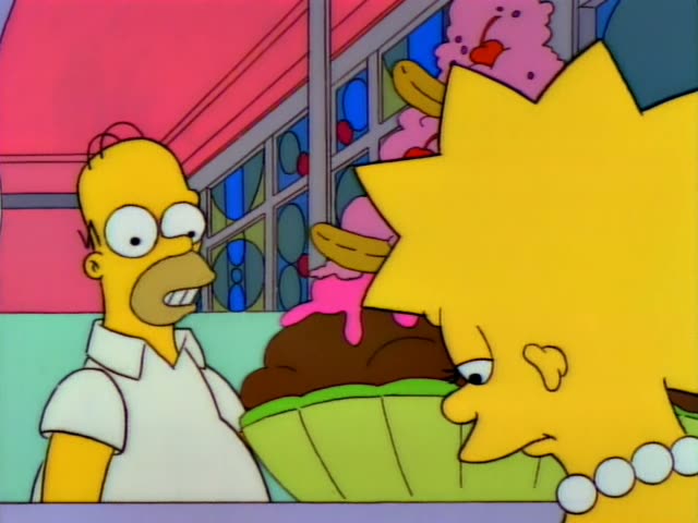 Homer and Lisa sit at a green booth table in a diner with stained-glass windows, facing a huge sundae topped with pink ice…