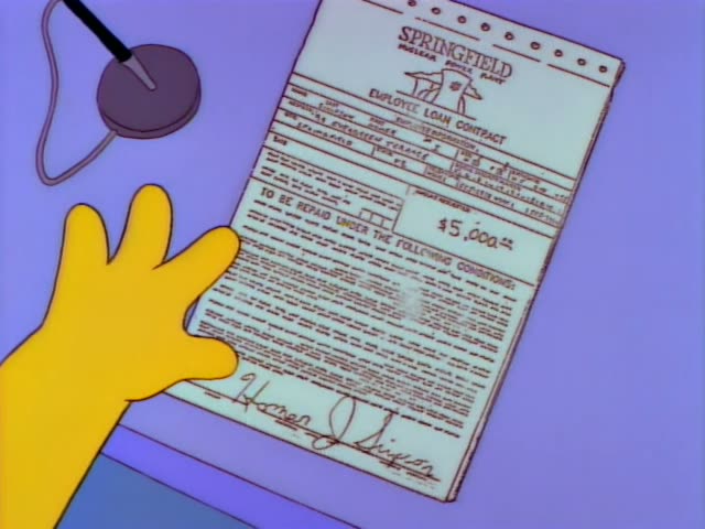 Homer Simpson signs a Springfield loan contract for $5,000 at a desk, then a lavender-haired woman in a dark jacket…
