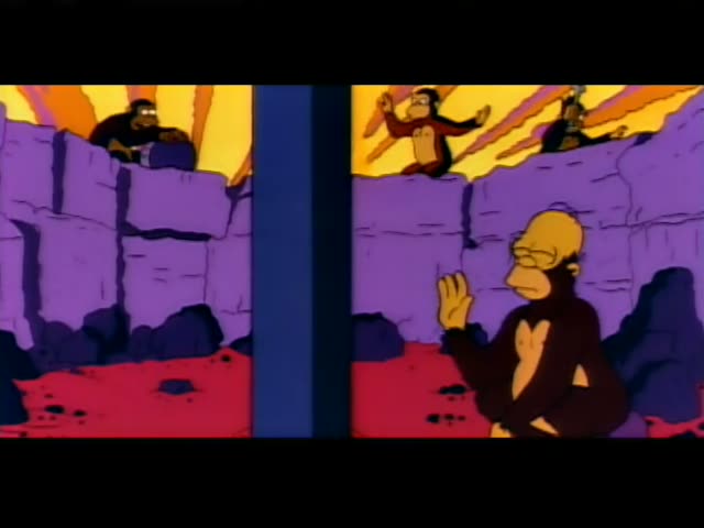 Homer Simpson is in a purple rocky canyon with red ground, positioned to the right of a tall blue pillar that divides…