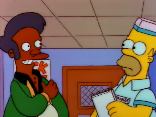 Apu and Homer stand behind the store counter in the Kwik-E-Mart