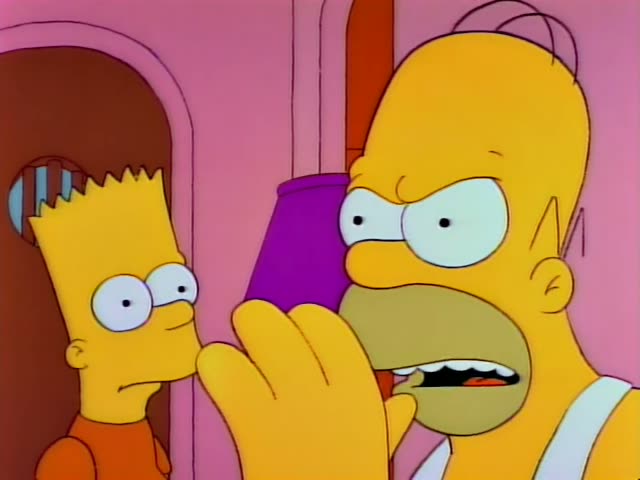 Homer and Bart stand in a pink room with a round porthole window; Homer is joined by Bart, who looks on in the first…