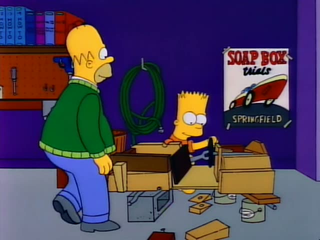 Homer and Bart are in a purple-walled workshop with shelves of blue and pink How-To books and a Soap Box Trials Springfield…