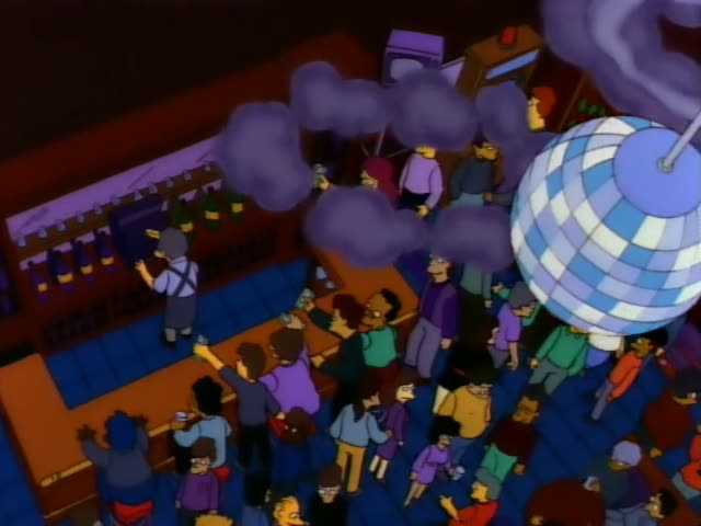 Moe works behind the bar on the left while a crowd of patrons dances on the blue tiled floor beneath a glowing disco ball…