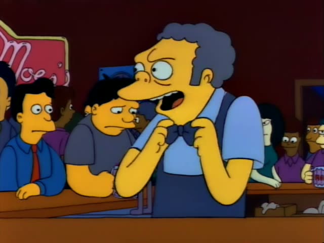 Moe stands behind the bar in Moe's Tavern while Marge watches from the crowd of patrons