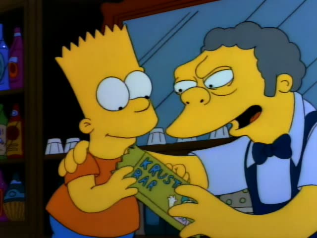 Bart and Moe stand together at the bar, with Bart holding a green Krusty Bar box while Moe grins and rests an arm…