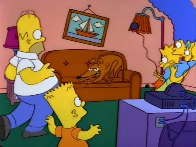 Homer, Bart, Lisa, Marge and Santa's Little Helper appear in the living room at first, with Homer running past the brown…