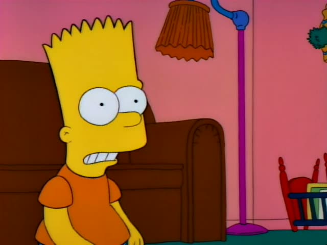 Bart stands in front of a brown armchair in a pink living room, first looking wide-eyed and then scowling while Lisa watches…