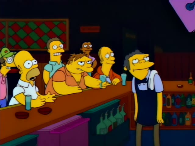 Homer sits at the bar with a heavy man in an orange shirt and messy brown hair, while Moe the grey-haired bartender…