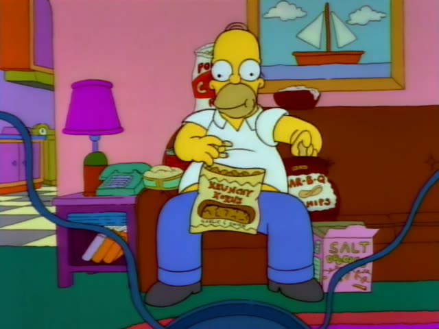 Homer Simpson sits on the brown couch in the pink living room eating from a bag of Krunchy Kurls, with a salt box and a BBQ…