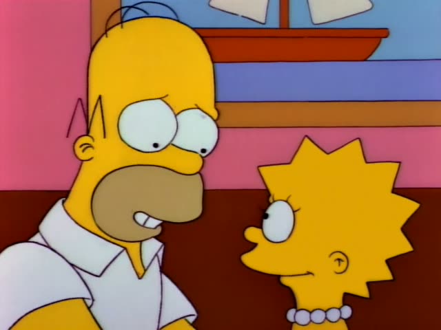 Homer Simpson and Lisa Simpson stand close together in front of a pink wall with a framed sailboat picture