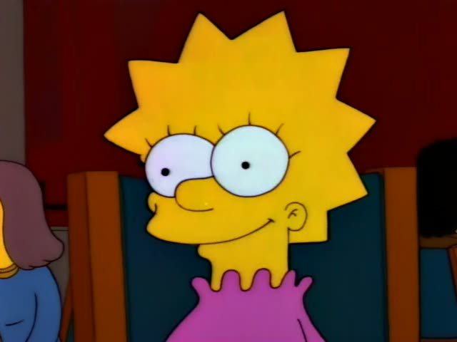 Lisa Simpson grins widely at first, while a pink-clothed figure and a yellow hand in a white sleeve rest on a table…