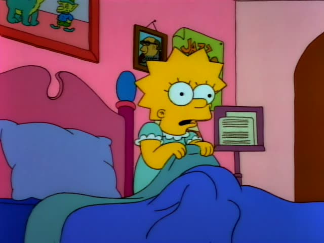 Lisa sits up in a pink bedroom, then climbs out of bed in a light blue nightgown while a book sits on a stand nearby