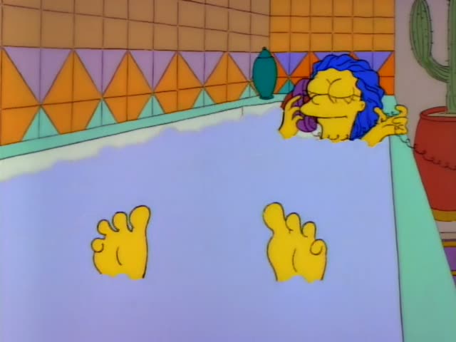 Marge sits in a bathtub with a purple phone to her ear and a wide smile, while Homer stands by a green wall with a red heart…