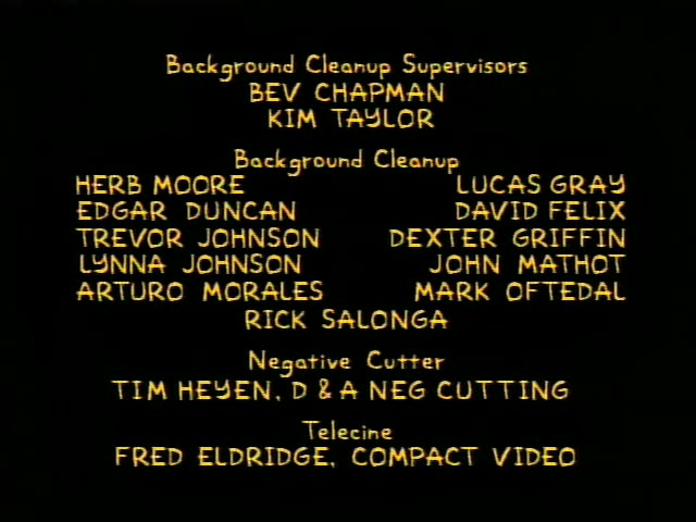 A black end-credit sequence of yellow text on a black background