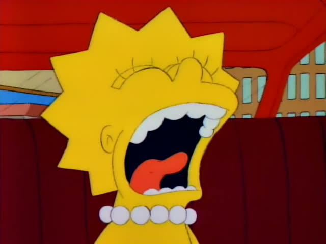 Lisa screams with her mouth wide open in a car with red upholstery, and Marge gapes and then grimaces beside her in close-up