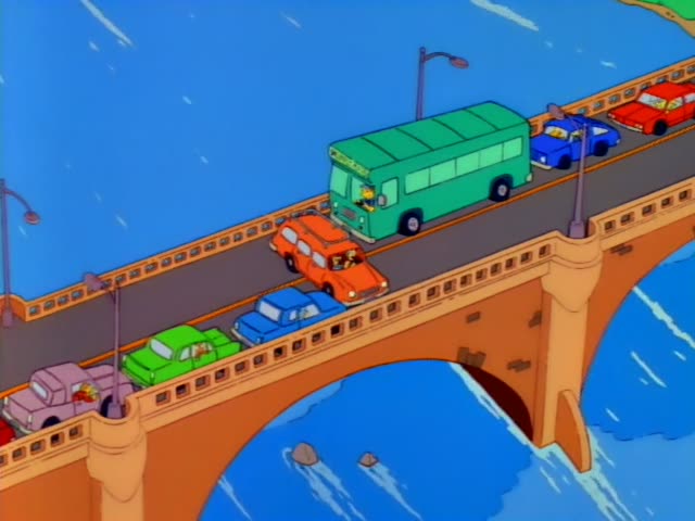 A traffic jam crawls across a bridge over blue water, with an orange station wagon, a green bus, a blue car, a green car…