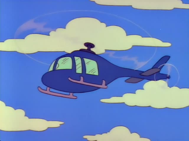 A blue helicopter flies across a cloudy sky, then Chief Wiggum stands with two uniformed officers, one of them Black…