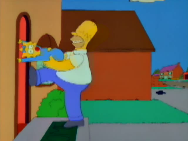 Homer, the bald, heavy man in a white shirt and blue pants, braces one raised foot against the wall beside a red arched…