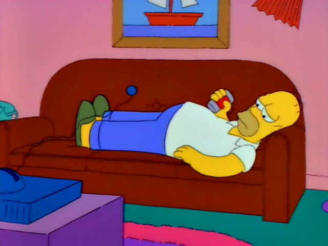 Homer Simpson and baby Maggie, who wears a blue bow and sucks a red pacifier, are in the family living room, then a pink room