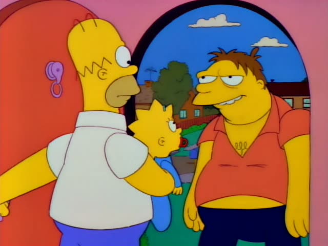 Homer stands in a pink doorway holding baby Maggie, who wears a blue bow, while Barney stands outside on a suburban street