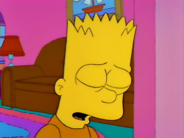 Bart, Homer and Marge are in the living room, with Bart standing at right beside the couch while Homer sits on the left…
