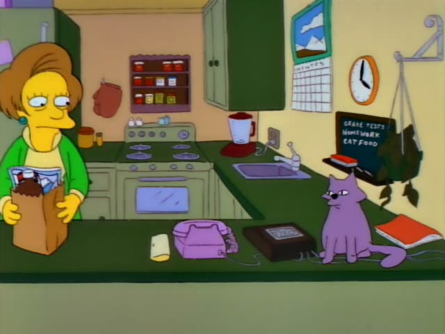 In a green-tiled kitchen, a short-haired woman in a green cardigan holds a paper grocery bag while a purple cat sits…