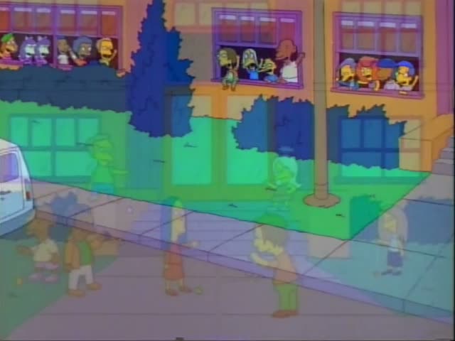 Otto drives a yellow school bus marked Springfield Elementary School, while Bart with spiky hair, Milhouse with blue hair…