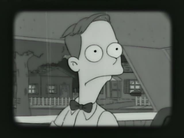 A bow-tied, wide-eyed man with swept-back hair appears in a black-and-white view of a suburban house, then Mrs. Krabappel…