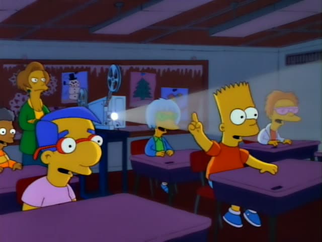 Bart raises his hand in a classroom while Milhouse sits nearby and Mrs. Krabappel stands by a projector beaming light…