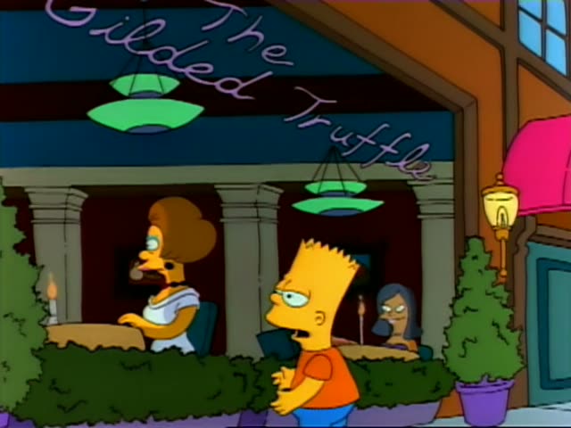 Bart stands in front of The Gilded Truffle restaurant in the first frame, while a heavy woman with a tall brown hairdo…