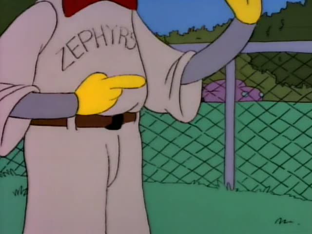 Mr. Burns raises one finger against a blue sky with clouds