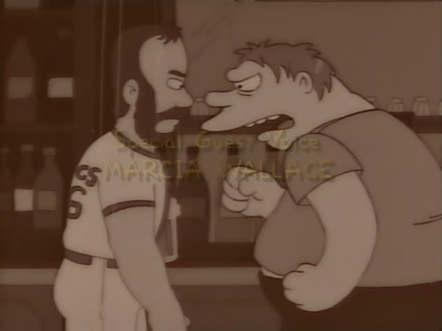 Barney clenches his fist and scowls at a thin, long-haired bearded man in a white jersey with the number 6 at a bar lined…